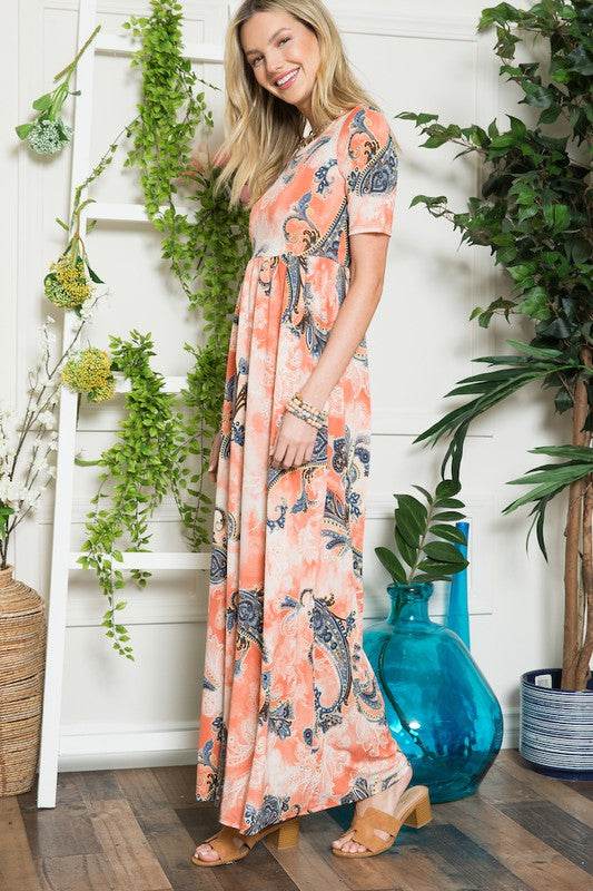 Celeste Paisley Print Short Sleeve Maxi Dress with Pockets - Mayzelyn Shop