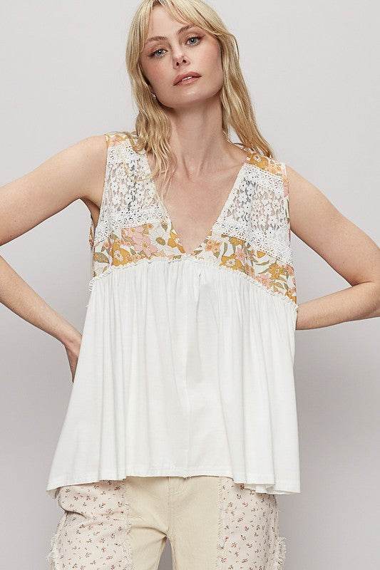 POL Lace Detail Frill Floral V-Neck Sleeveless Top - Mayzelyn Shop