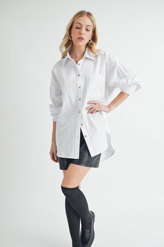 Aemi + Co High-Low Collared Neck Drop Shoulder Shirt - Mayzelyn Shop