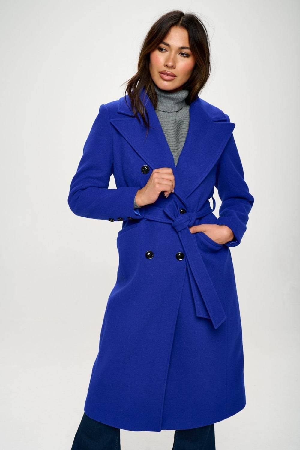 Coalition LA Double-Breasted Longline Coat with Belt - Mayzelyn Shop