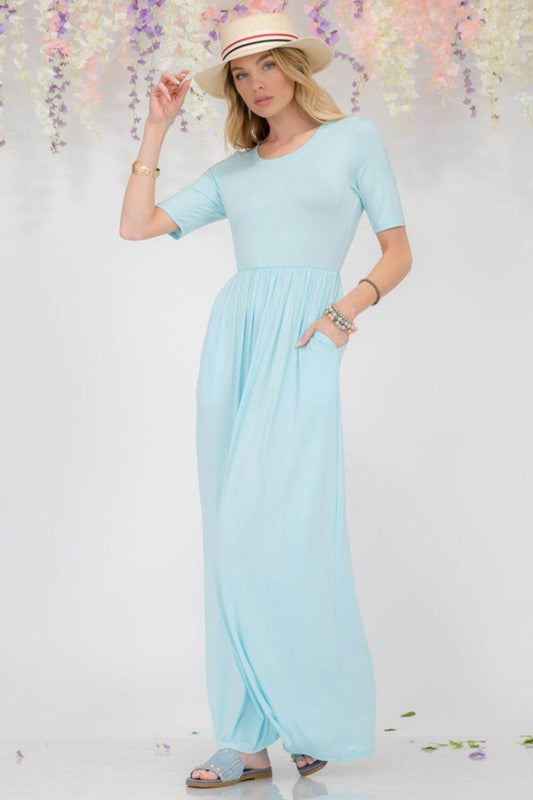 Celeste Full Size Round Neck Short Sleeve Maxi Dress with Pockets Plus Size - Mayzelyn Shop