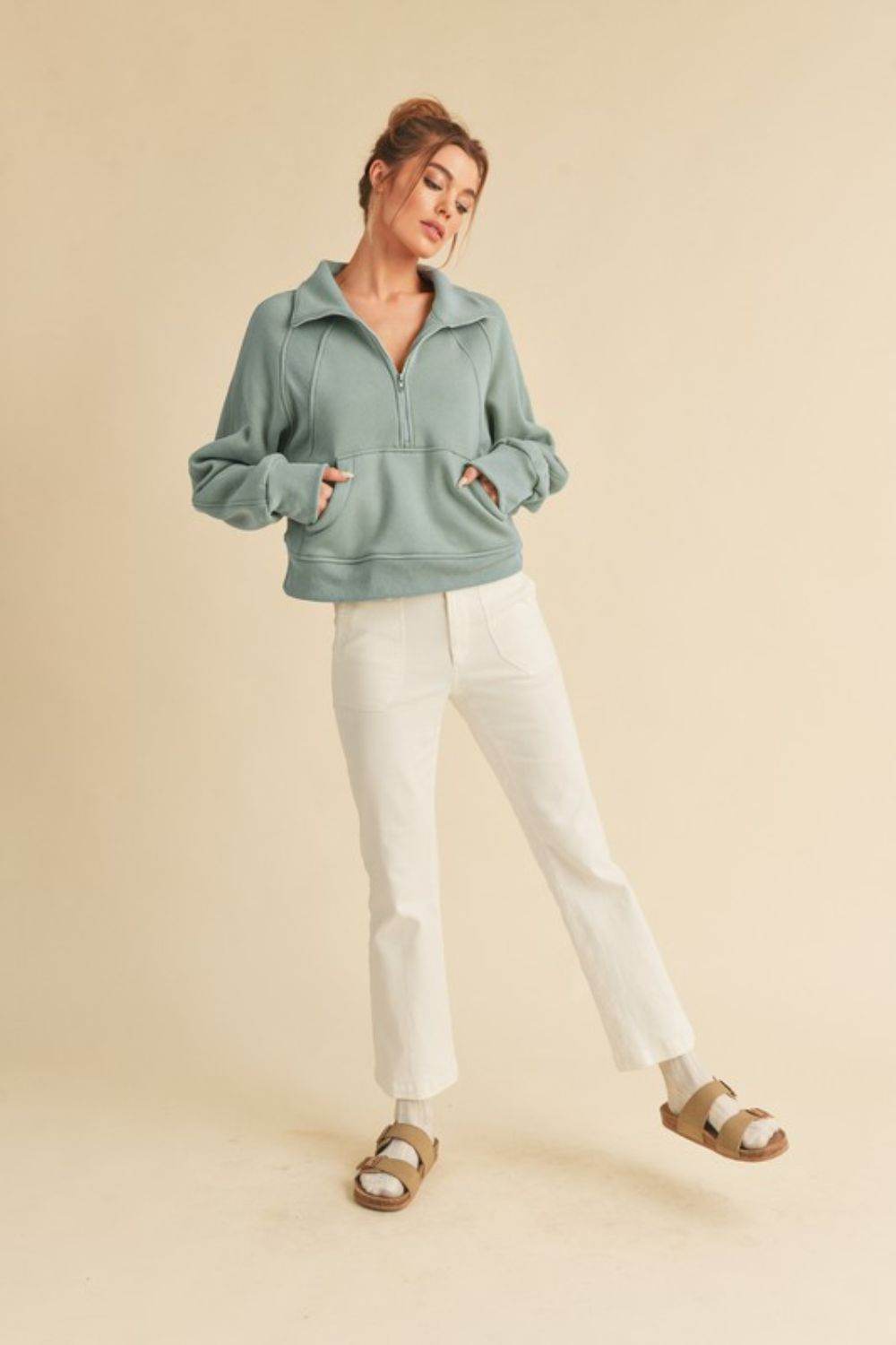 Aemi + Co Half Zip Raglan Sleeve Sweatshirt with Kangaroo Pocket - Mayzelyn Shop