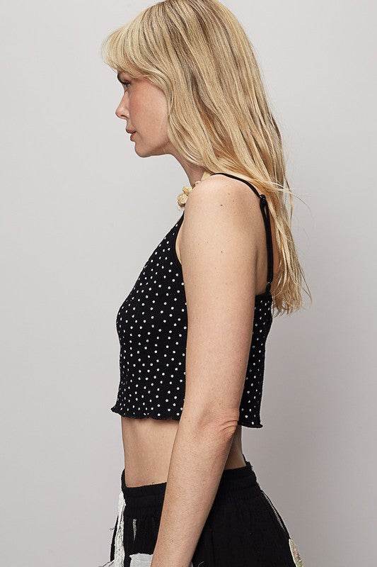 POL Polka Dot Adjustable Strap Cropped Knit Cami - Mayzelyn Shop