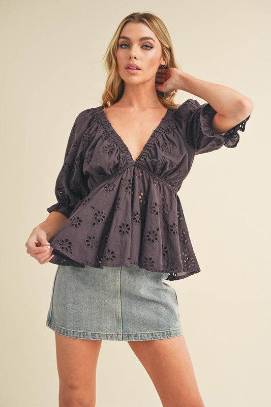 Aemi + Co Eyelet Embroidered V-Neck Half Sleeve Peplum Blouse - Mayzelyn Shop