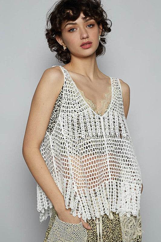 POL V-Neck Sleeveless Woven Crochet Knit Cover Up - Mayzelyn Shop