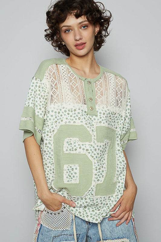 POL Number Floral Crochet Button Detail Half Sleeve Top - Mayzelyn Shop