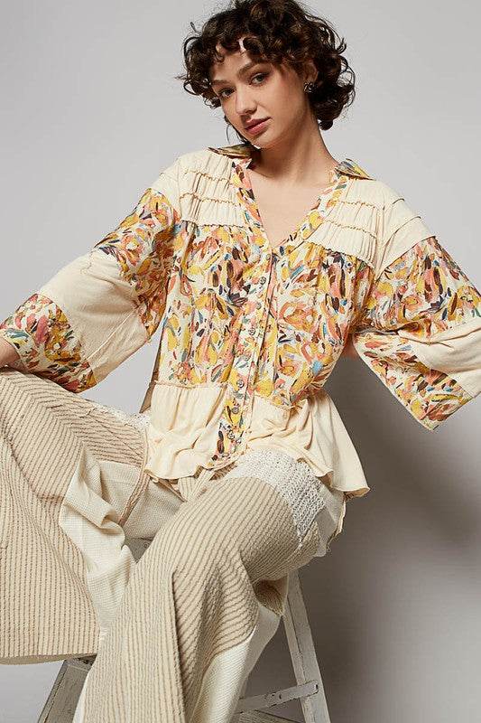 POL Frill Floral Johnny Collar Shirring Raglan Sleeve Shirt - Mayzelyn Shop