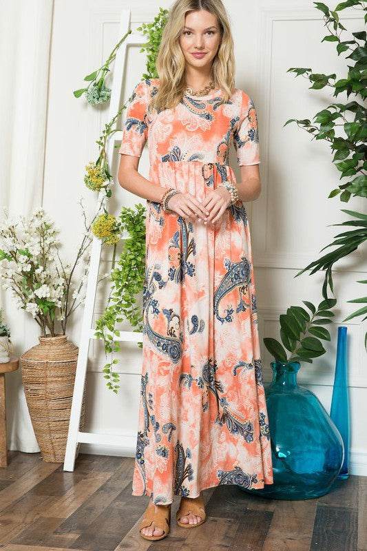 Celeste Paisley Print Short Sleeve Maxi Dress with Pockets - Mayzelyn Shop