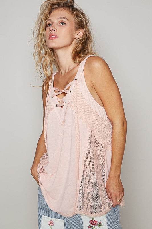 POL Lace Up Crochet Lace Tank - Mayzelyn Shop