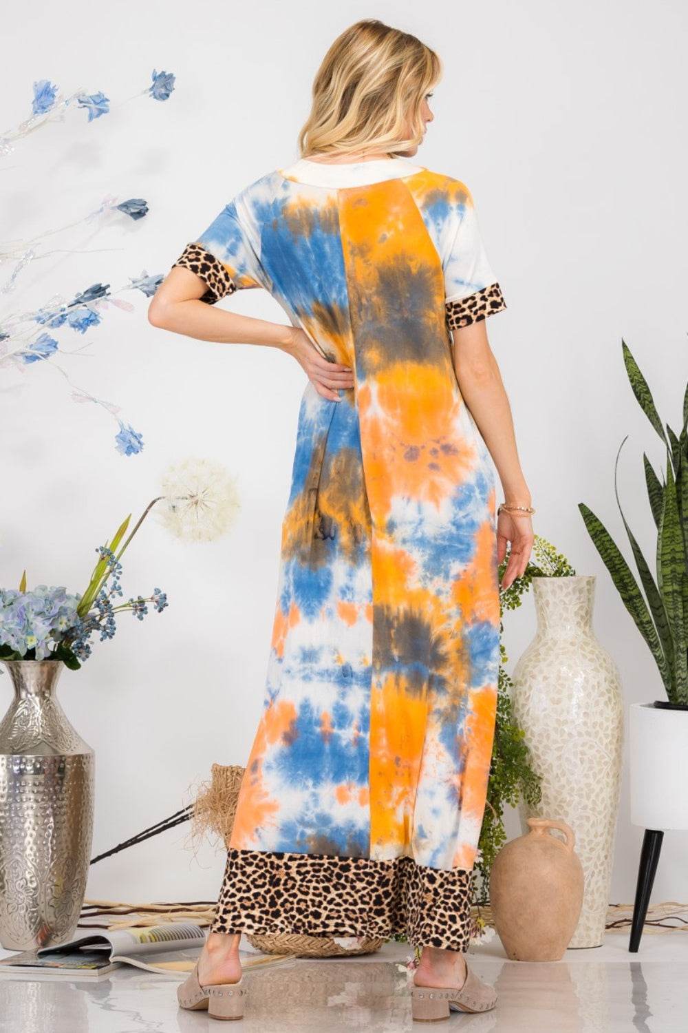 Celeste Full Size Leopard Tie-Dye Button Detail Short Sleeve Maxi Dress Plus Size - Mayzelyn Shop