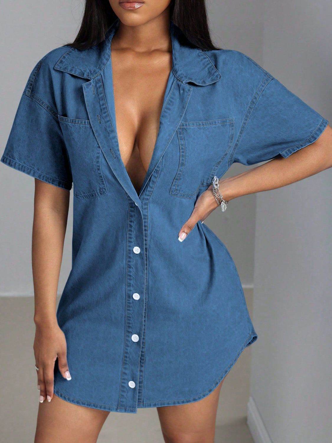 Button Down Collared Neck Denim Dress
