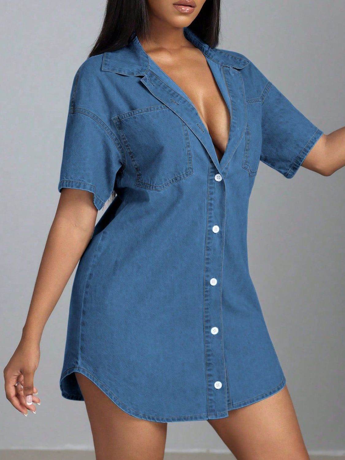 Button Down Collared Neck Denim Dress