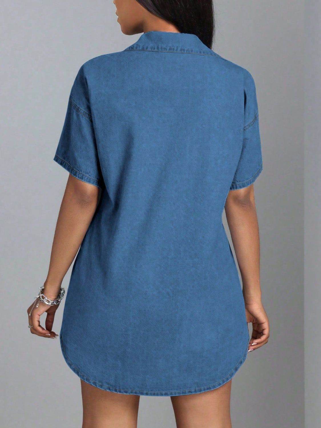 Button Down Collared Neck Denim Dress