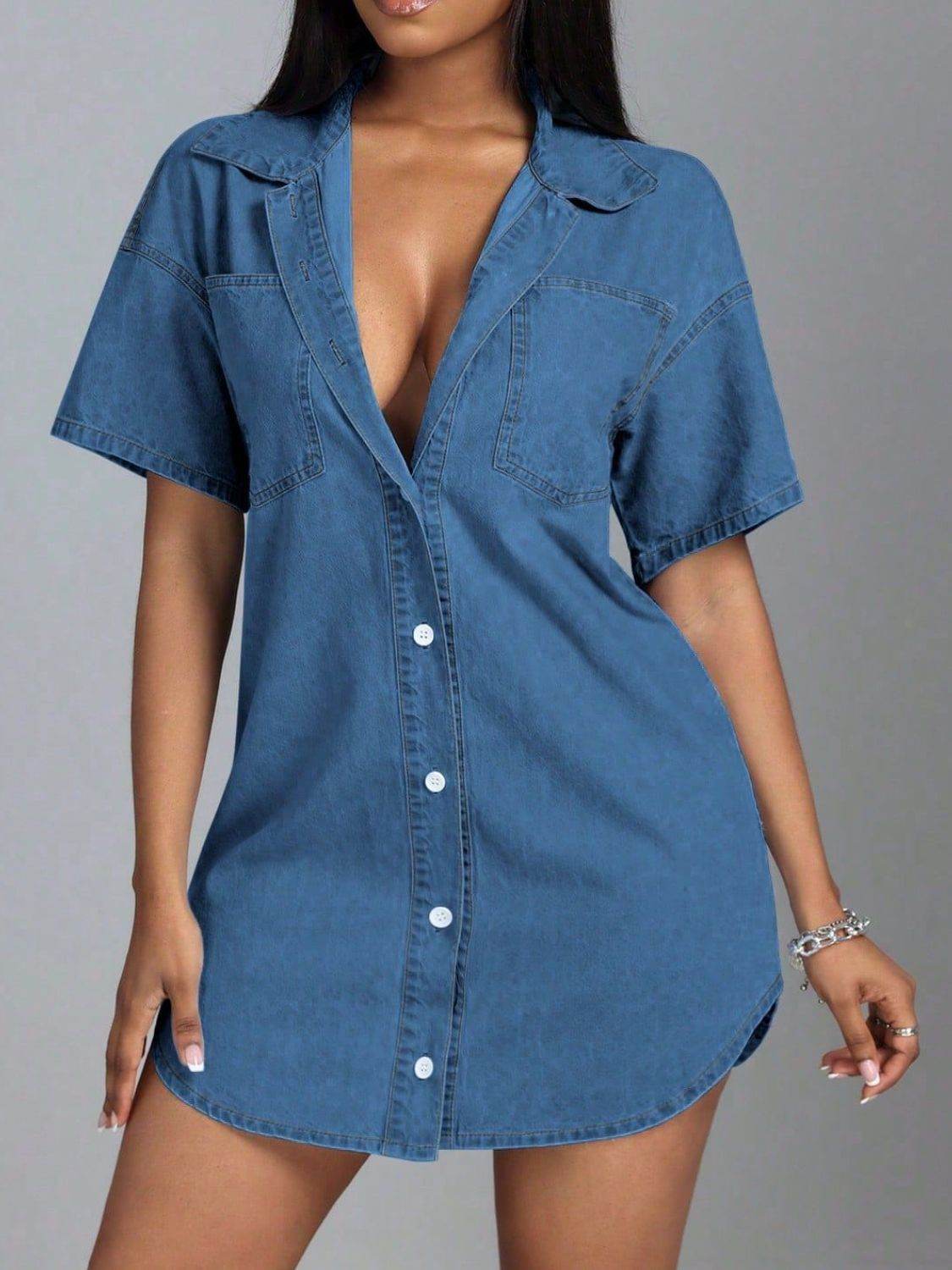 Button Down Collared Neck Denim Dress