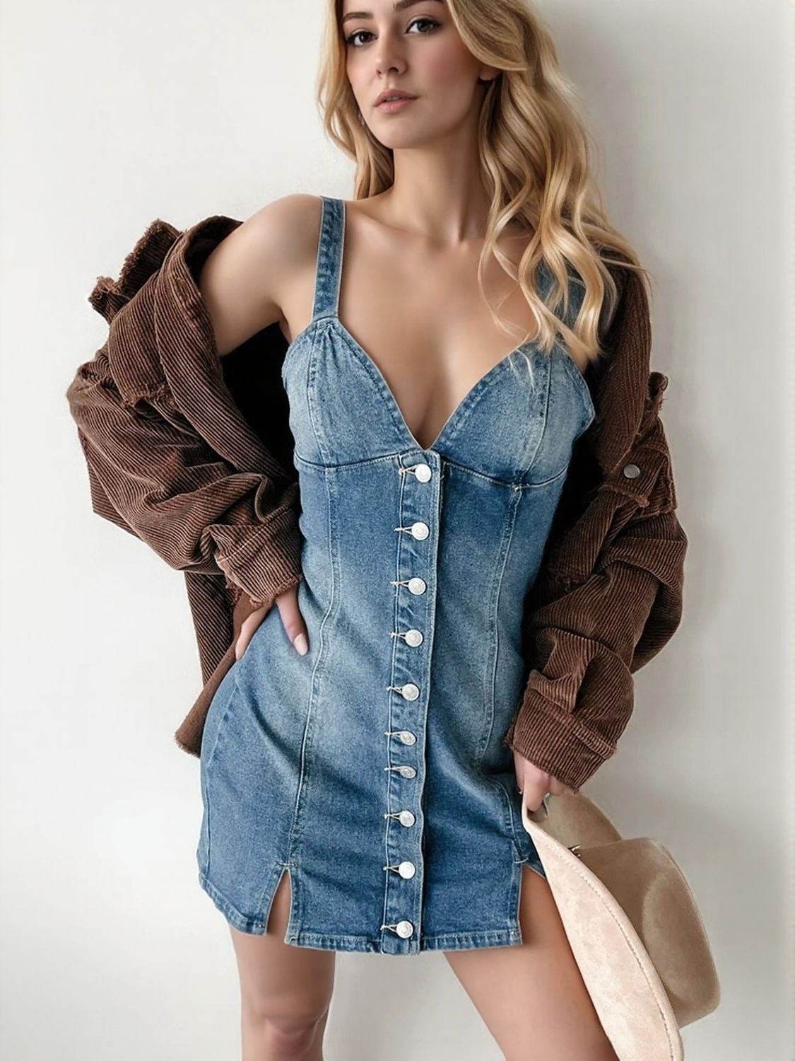Button Down Mini Cami Denim Dress - Mayzelyn Shop 