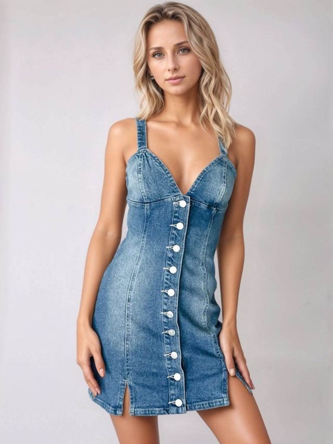 Button Down Mini Cami Denim Dress - Mayzelyn Shop 
