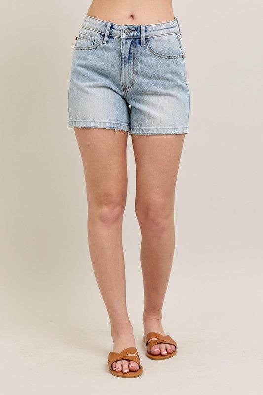 Judy Blue Full Size Frayed Hem High Rise Denim Shorts with Pockets Plus Size - Mayzelyn Shop 