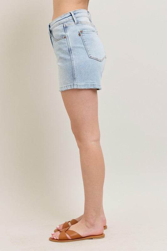 Judy Blue Full Size Frayed Hem High Rise Denim Shorts with Pockets Plus Size - Mayzelyn Shop 