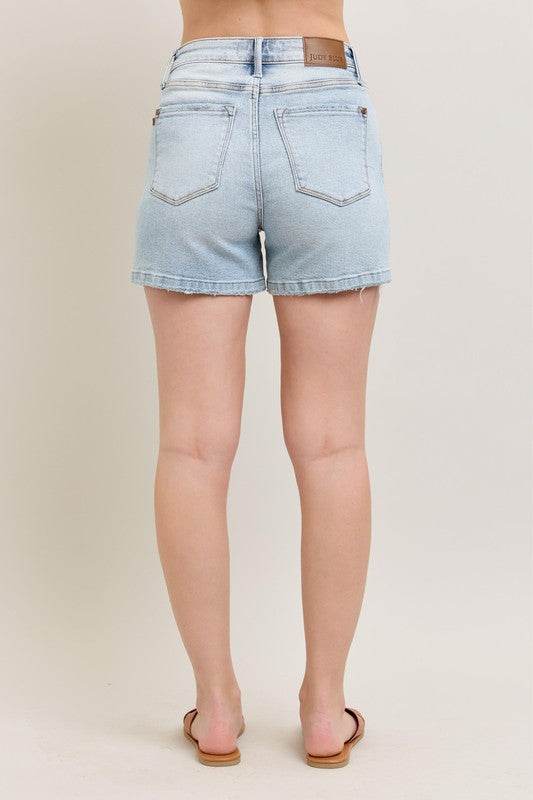 Judy Blue Full Size Frayed Hem High Rise Denim Shorts with Pockets Plus Size - Mayzelyn Shop 