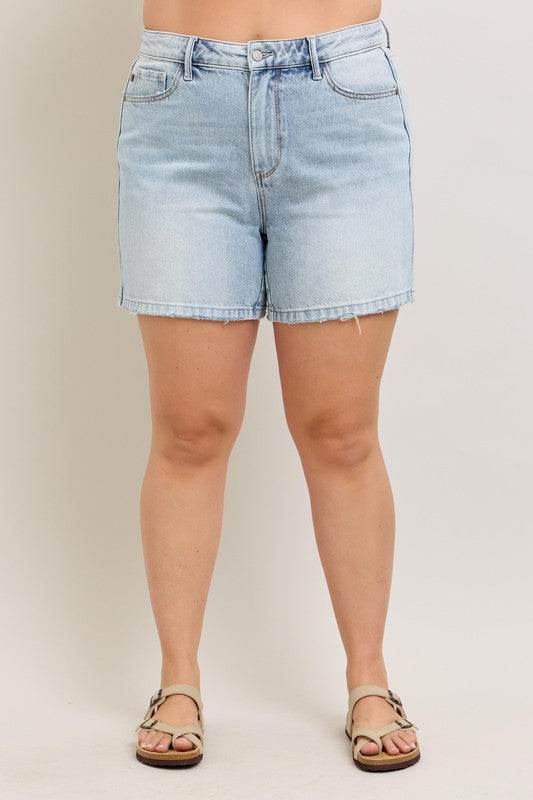 Judy Blue Full Size Frayed Hem High Rise Denim Shorts with Pockets Plus Size - Mayzelyn Shop 