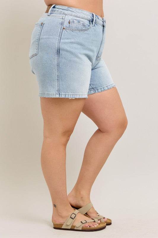 Judy Blue Full Size Frayed Hem High Rise Denim Shorts with Pockets Plus Size - Mayzelyn Shop 