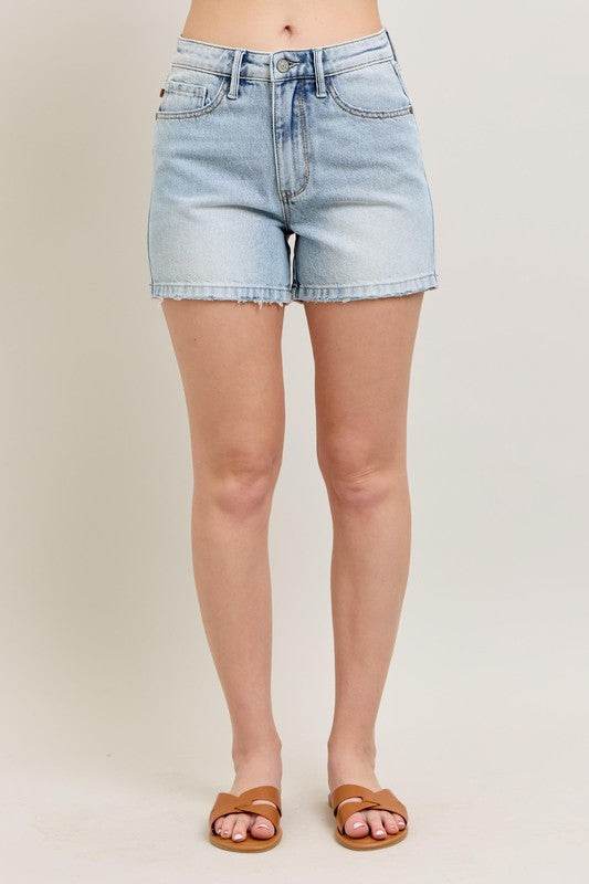 Judy Blue Full Size Frayed Hem High Rise Denim Shorts with Pockets Plus Size - Mayzelyn Shop 