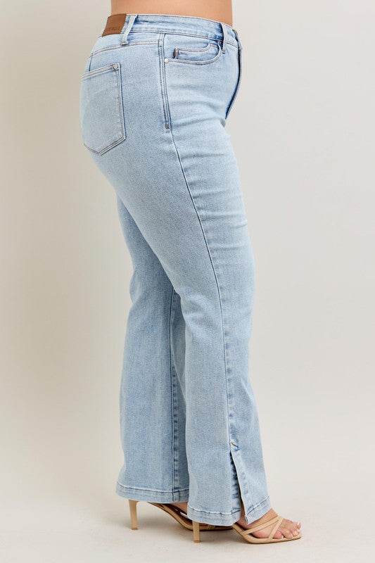 Judy Blue Full Size Tummy Control Vintage Wash Side Slit Slim Boot Jeans Plus Size - Mayzelyn Shop 