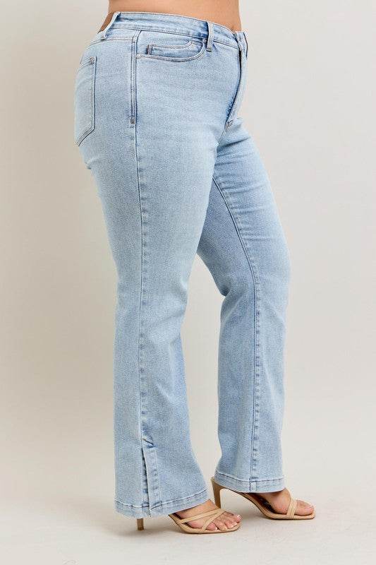Judy Blue Full Size Tummy Control Vintage Wash Side Slit Slim Boot Jeans Plus Size - Mayzelyn Shop 