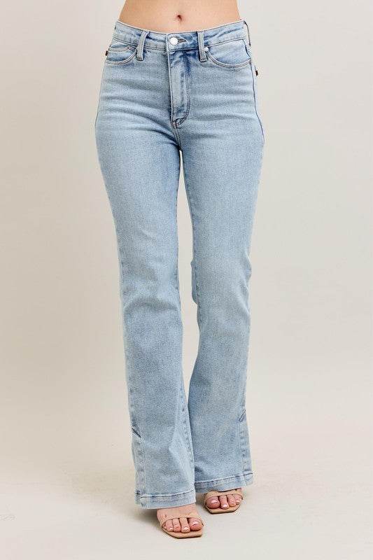 Judy Blue Full Size Tummy Control Vintage Wash Side Slit Slim Boot Jeans Plus Size - Mayzelyn Shop 