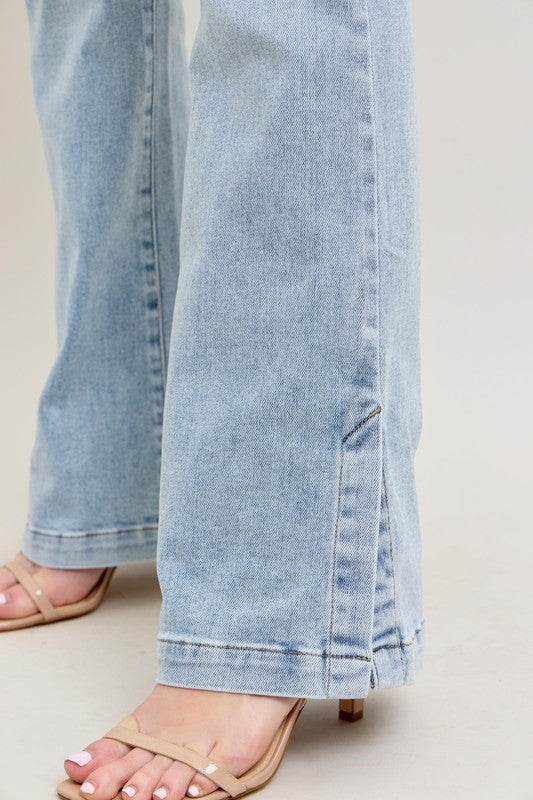 Judy Blue Full Size Tummy Control Vintage Wash Side Slit Slim Boot Jeans Plus Size - Mayzelyn Shop 