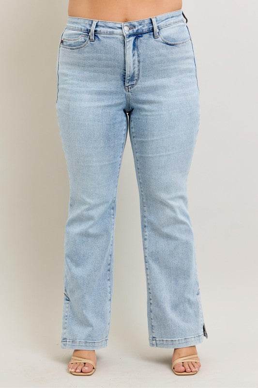 Judy Blue Full Size Tummy Control Vintage Wash Side Slit Slim Boot Jeans Plus Size - Mayzelyn Shop 
