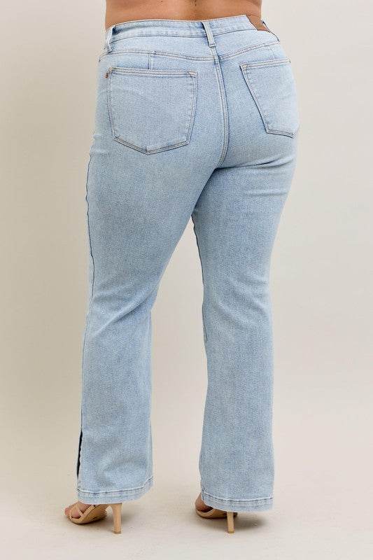 Judy Blue Full Size Tummy Control Vintage Wash Side Slit Slim Boot Jeans Plus Size - Mayzelyn Shop 