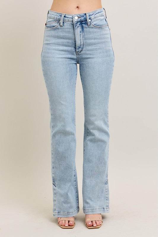 Judy Blue Full Size Tummy Control Vintage Wash Side Slit Slim Boot Jeans Plus Size - Mayzelyn Shop 