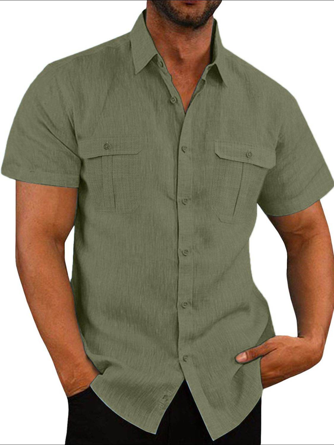 Men's Plus Size Collared Neck Short Sleeve Shirt in Flax