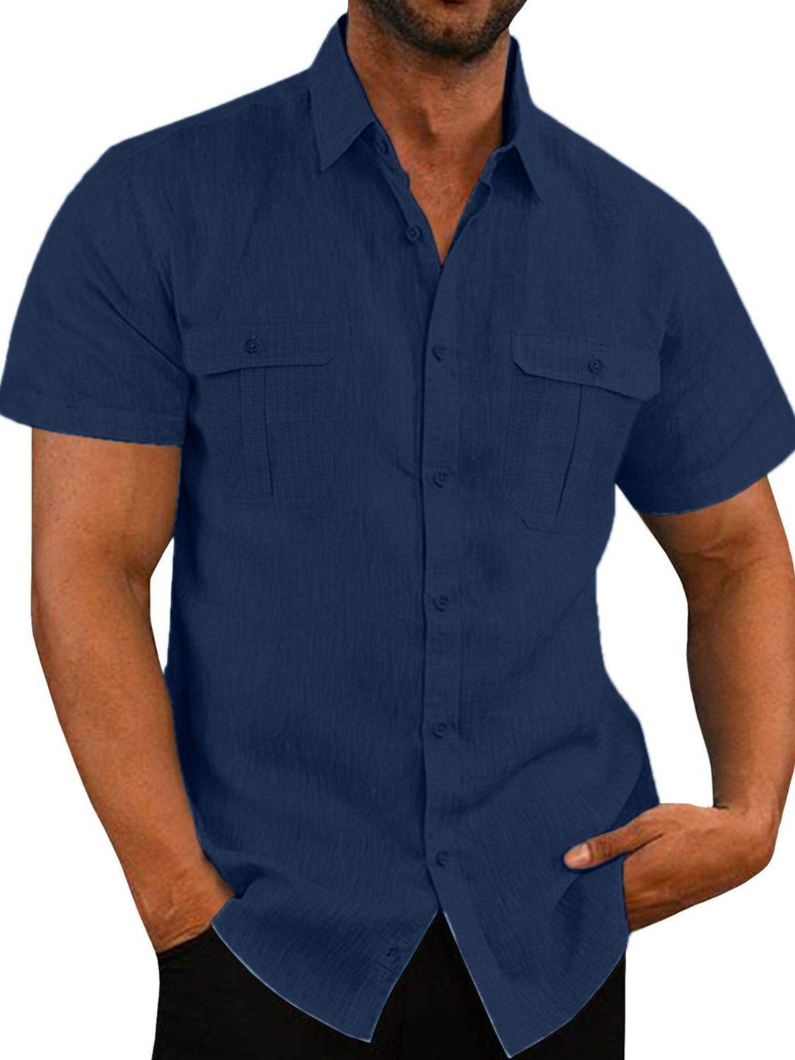 Men's Plus Size Collared Neck Short Sleeve Shirt in Flax