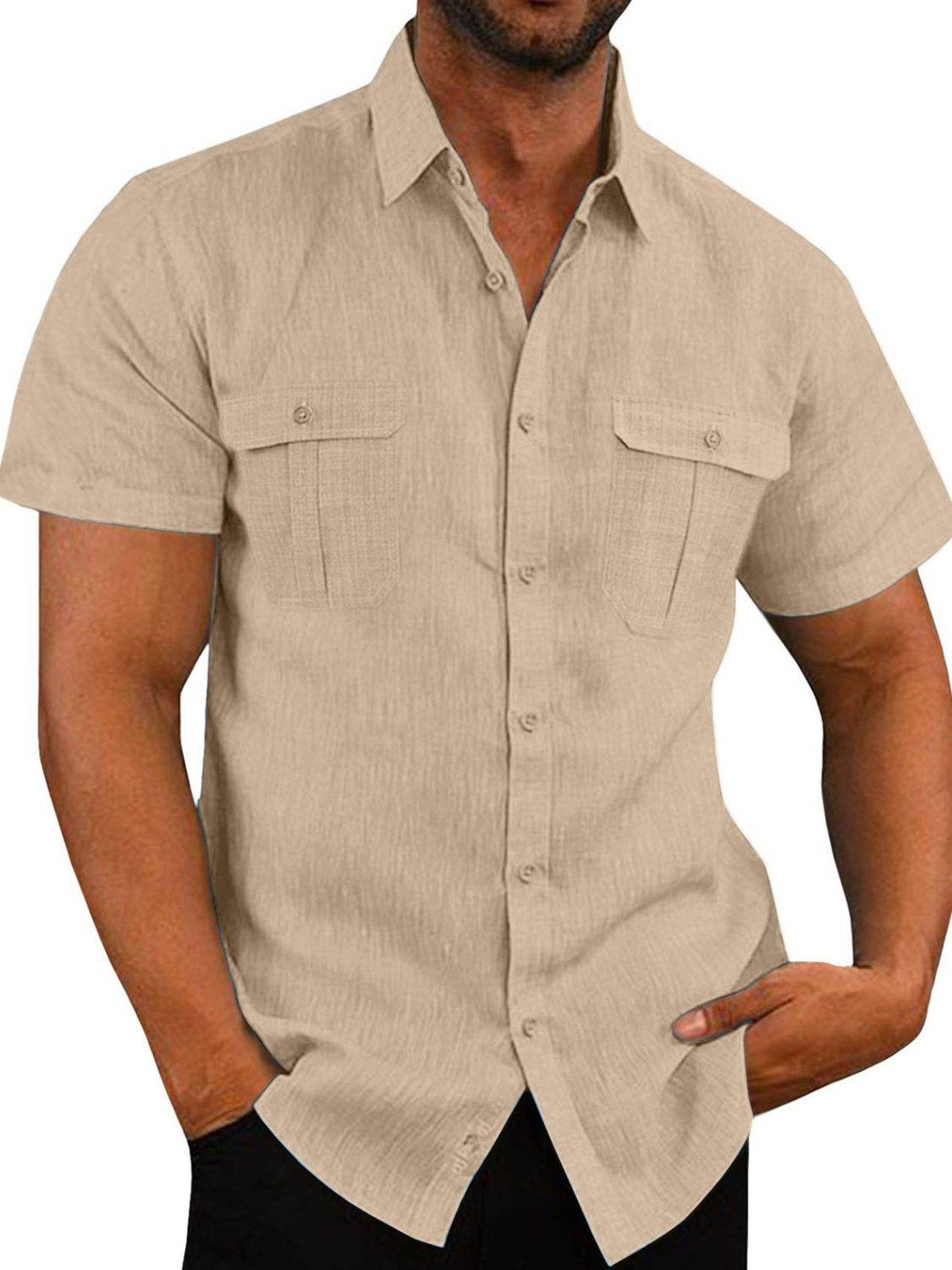 Men's Plus Size Collared Neck Short Sleeve Shirt in Flax