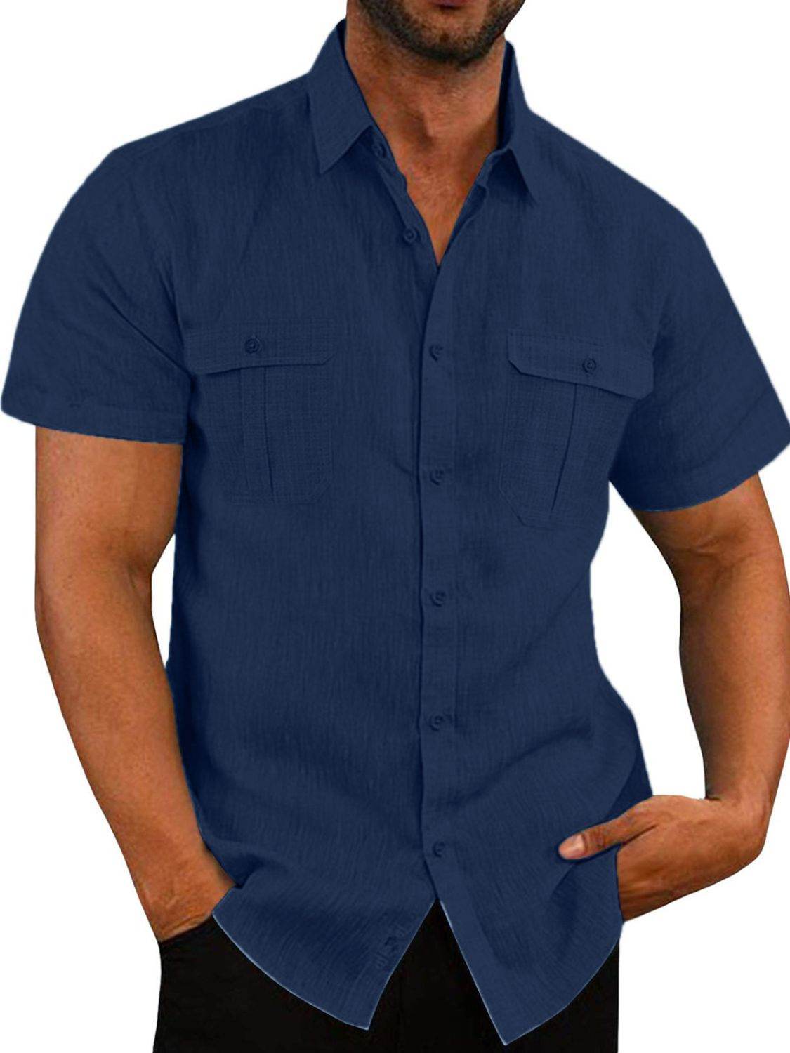 Men's Plus Size Collared Neck Short Sleeve Shirt in Flax