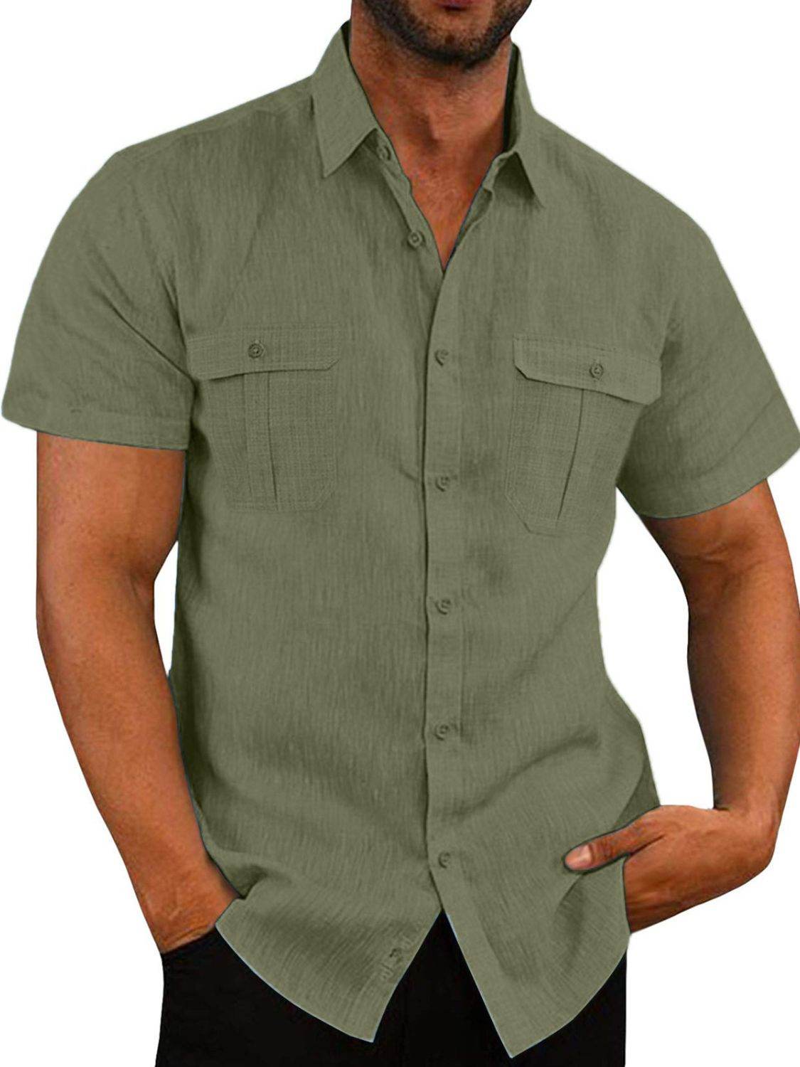 Men's Plus Size Collared Neck Short Sleeve Shirt in Flax