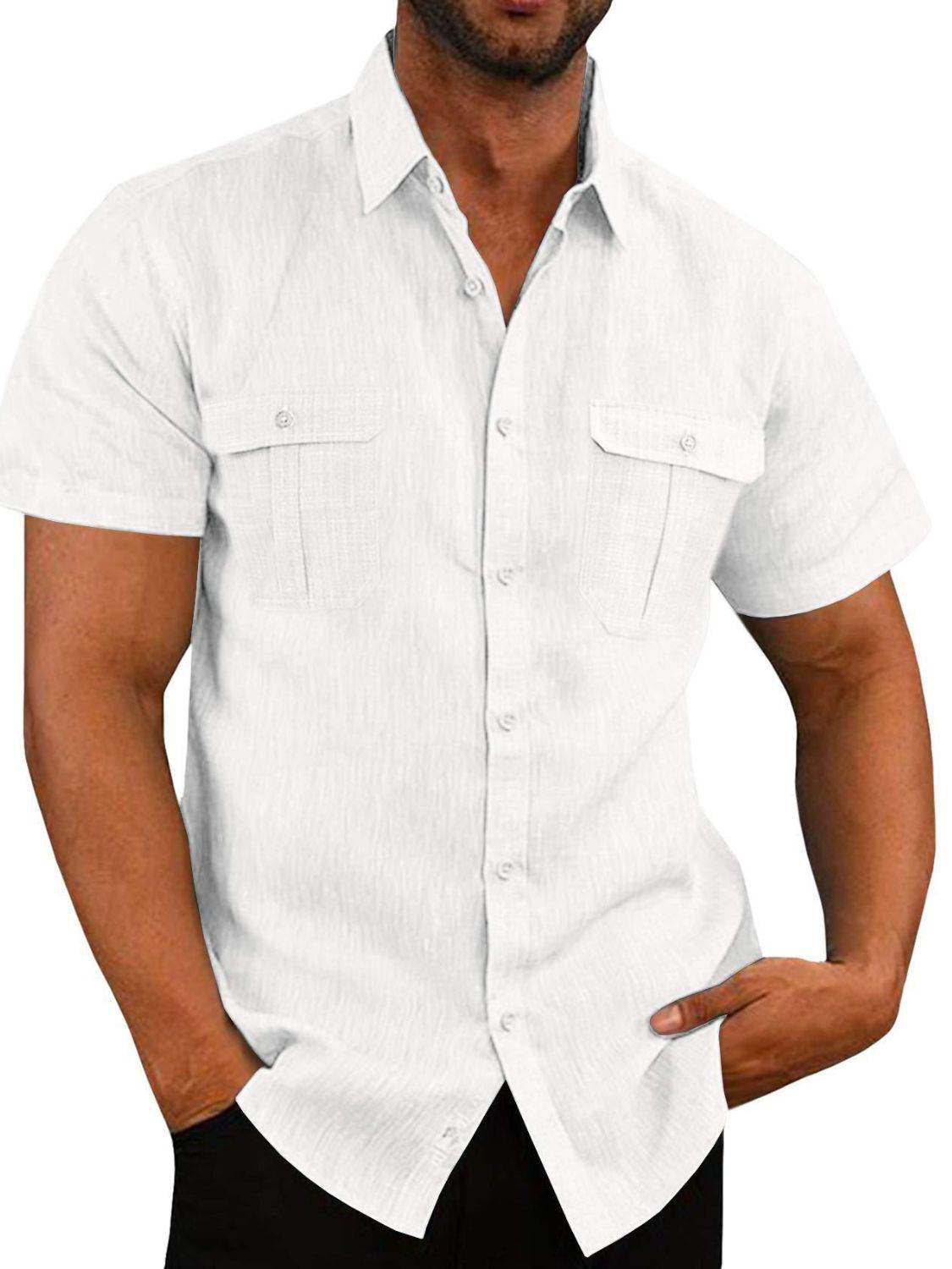 Men's Plus Size Collared Neck Short Sleeve Shirt in Flax