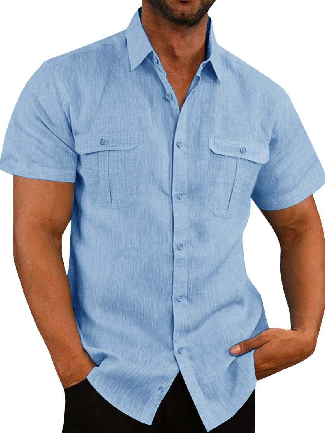 Men's Plus Size Collared Neck Short Sleeve Shirt in Flax