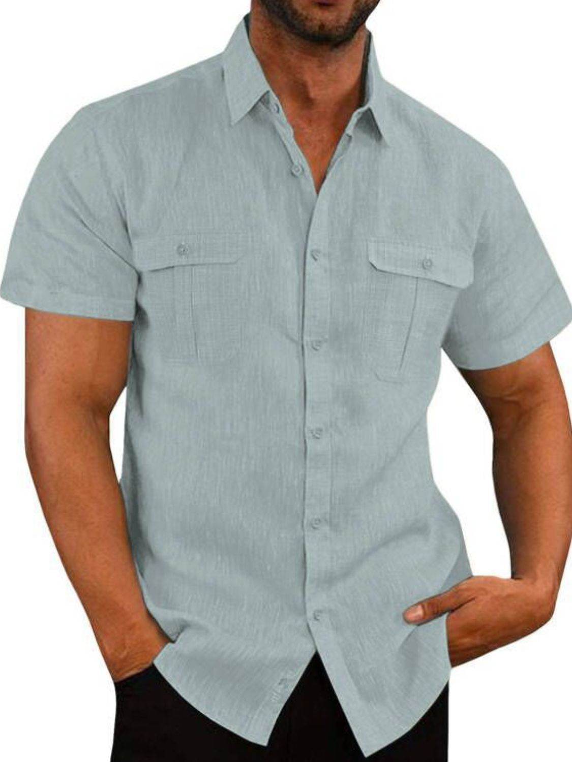 Men's Plus Size Collared Neck Short Sleeve Shirt in Flax