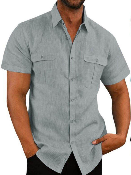 Men's Plus Size Collared Neck Short Sleeve Shirt in Flax