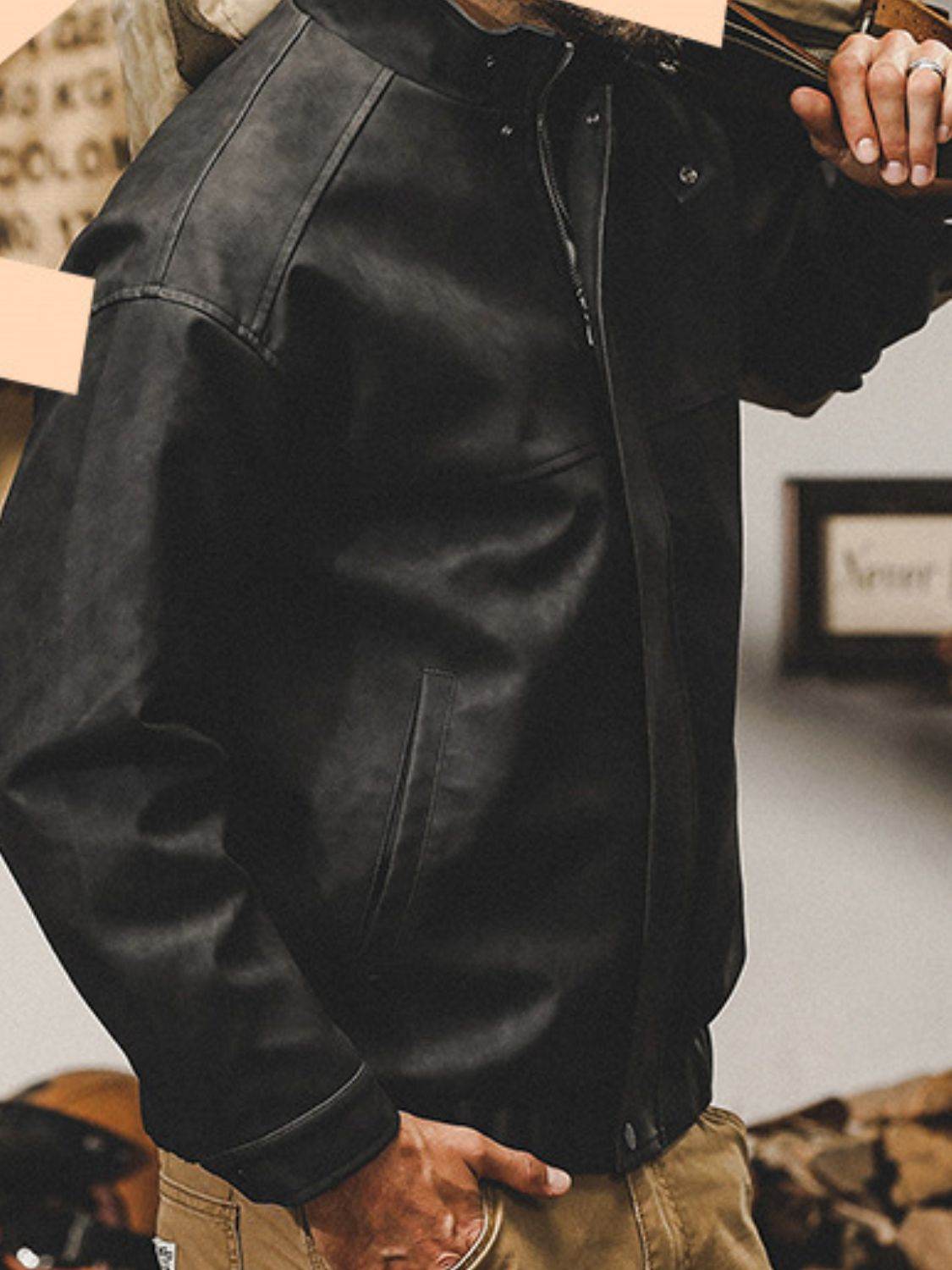 Men's Plus Size Zip Up Stand Collar Biker Jacket for Comfort