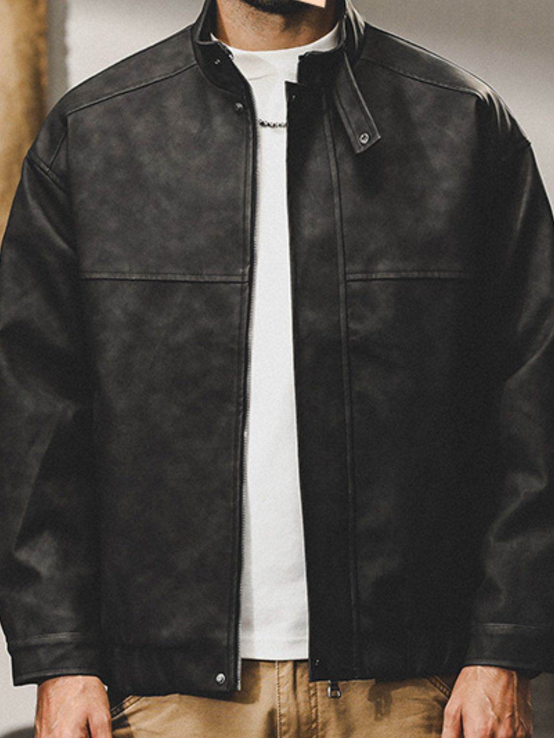 Men's Plus Size Zip Up Stand Collar Biker Jacket for Comfort