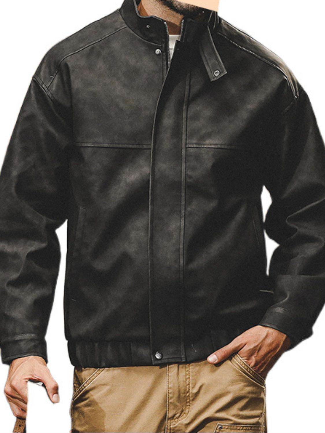 Men's Plus Size Zip Up Stand Collar Biker Jacket for Comfort