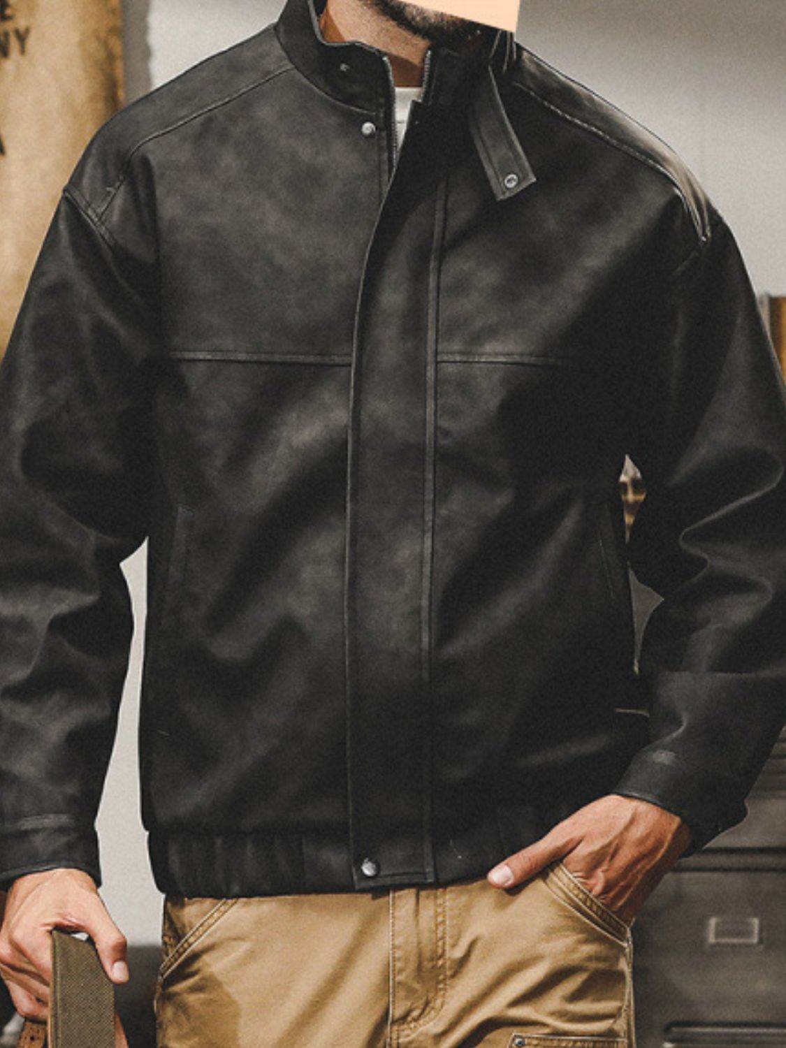 Men's Plus Size Zip Up Stand Collar Biker Jacket for Comfort