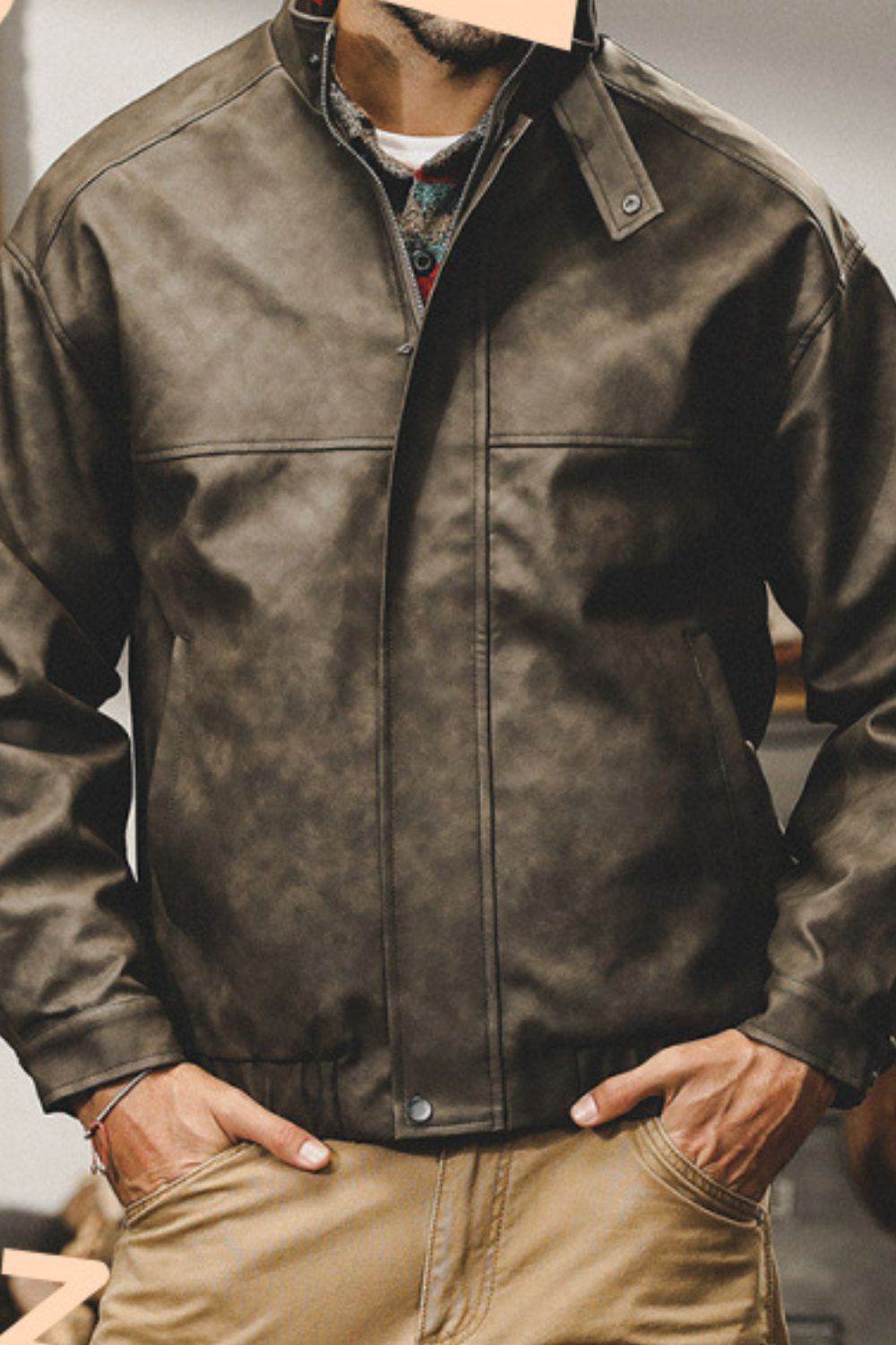 Men's Plus Size Zip Up Stand Collar Biker Jacket for Comfort