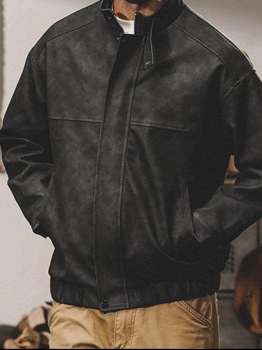 Men's Plus Size Zip Up Stand Collar Biker Jacket for Comfort