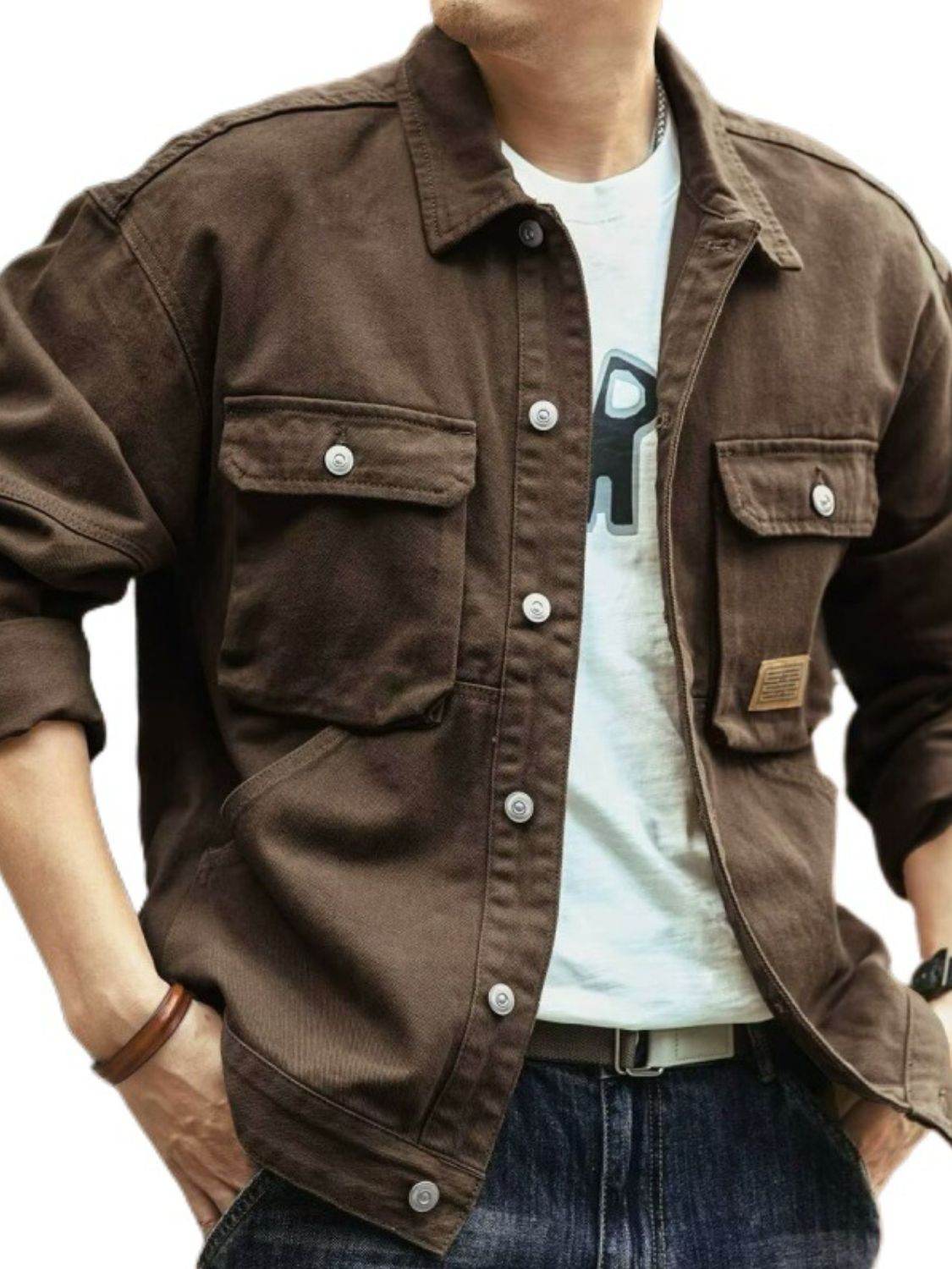 Men's Washed Collared Neck Cargo Jacket for Everyday Wear