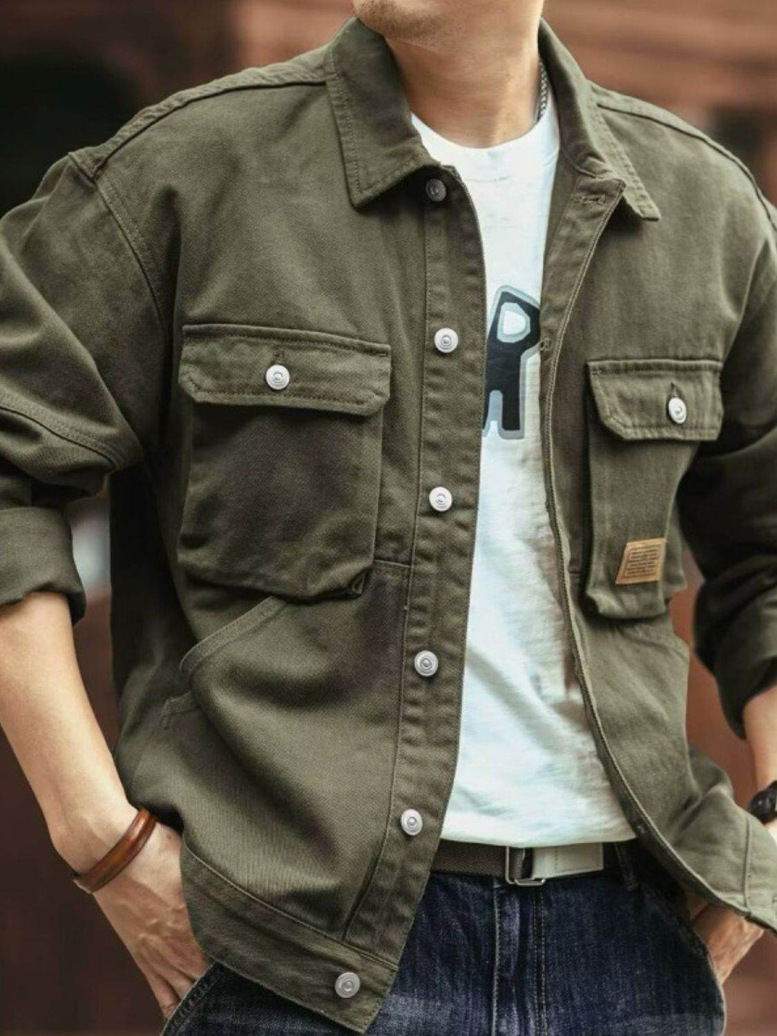 Men's Washed Collared Neck Cargo Jacket for Everyday Wear